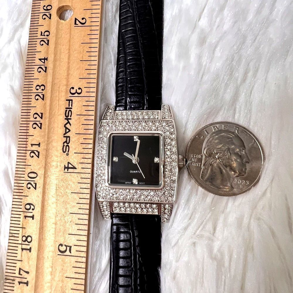 Vintage Women's Watch Black Band Faux Leather Rhinestone Bezel Black Dial - Picture 3 of 16